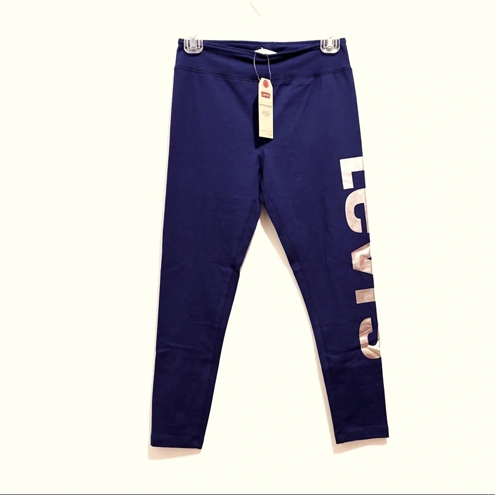 NEW Levi's Girls High Rise Blue Leggings Metallic Silver Logo